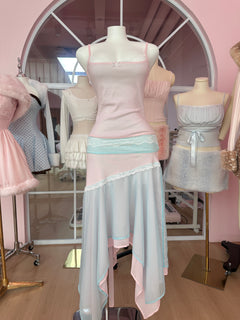 Dewdrop Reversible Lace Chiffon Skirt (Pink Teal)