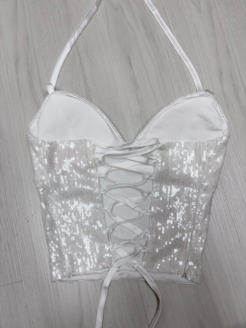 Diamond Fairy Dust Sequin Halter Top (White) - Angel Ruche