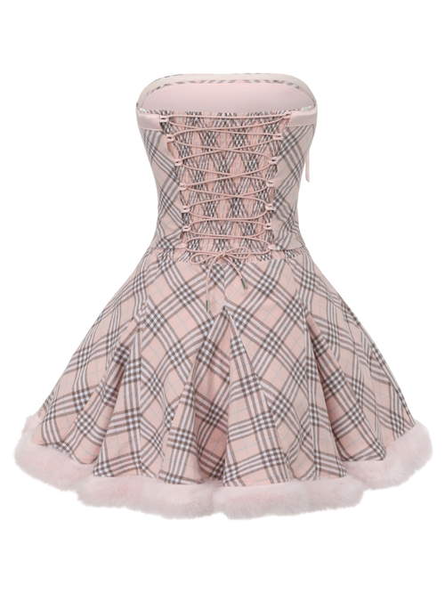 Sugarplum Plaid Hourglass Fur Trim Dress+ Petticoat (Pink)