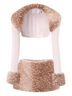 White dress with brown fur trim on a white background