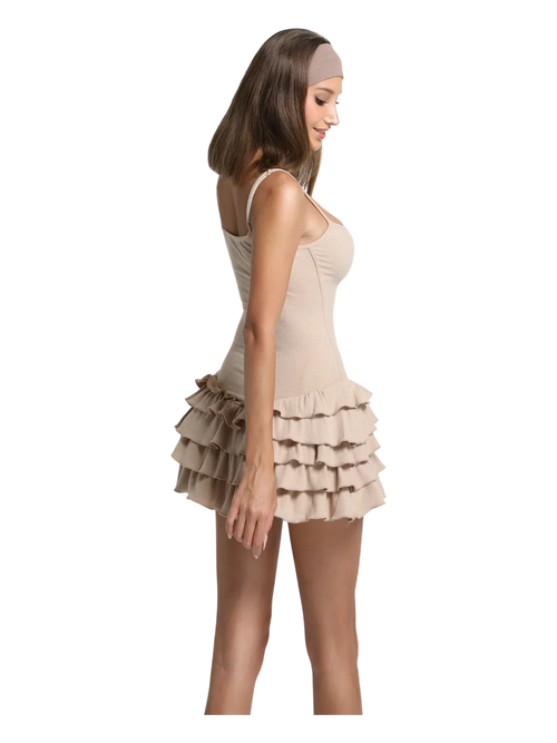 Serafina Ruffles Mini Dress + Bloomer Shorts Set (Beige) - Angel Ruche
