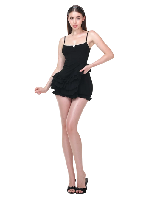 Serafina Ruffles Mini Dress + Bloomer Shorts Set (Black) - Angel Ruche