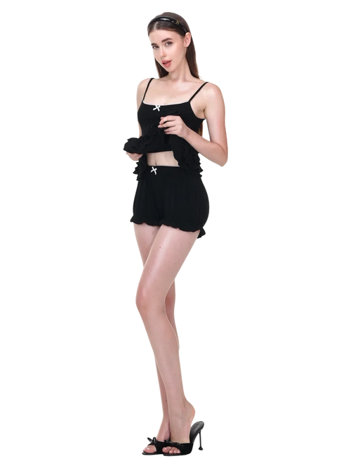 Serafina Ruffles Mini Dress + Bloomer Shorts Set (Black) - Angel Ruche