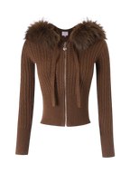 Fur Trim Mocha Cable Knit Zip Up Cardigan (Brown) - Angel Ruche