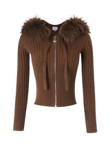 Fur Trim Mocha Cable Knit Zip Up Cardigan (Brown)