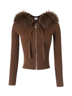 Fur Trim Mocha Cable Knit Zip Up Cardigan (Brown) - Angel Ruche