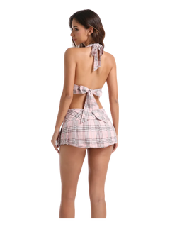 Girly Plaid Halter Crop Top - Pink - Angel Ruche