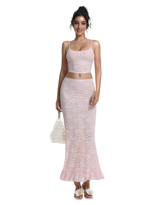 Coral Veil Lace Two Piece Set (Pink)