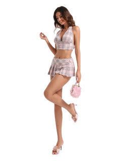 Girly Plaid Halter Crop Top - Pink - Angel Ruche
