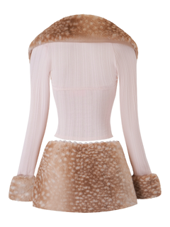 White ribbed sweater with brown faux fur trim on a white background
