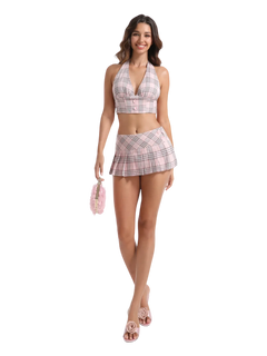 Girly Plaid Halter Crop Top - Pink - Angel Ruche