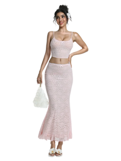 Coral Veil Lace Crop Top (Pink) - Angel Ruche