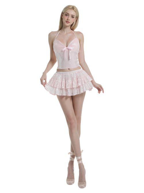 Rosette Fairy Dust Sequin Halter Top (Pink)