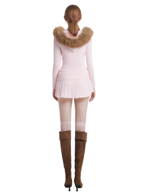 Fur Trim Strawberry Milk Cable Knit Cardigan (Pink) - Angel Ruche