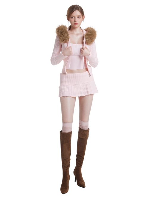 Fur Trim Strawberry Milk Cable Knit Set (Pink)