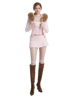 Fur Trim Strawberry Milk Cable Knit Cardigan (Pink) - Angel Ruche