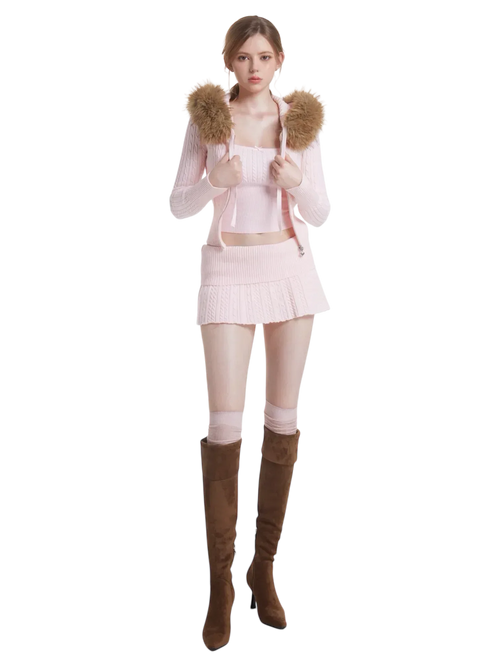 Fur Trim Strawberry Milk Cable Knit Cardigan (Pink) - Angel Ruche