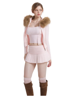 Fur Trim Strawberry Milk Cable Knit Cardigan (Pink) - Angel Ruche