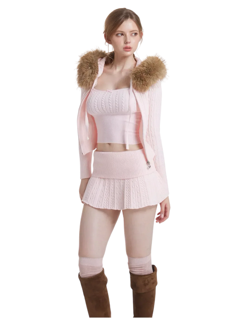 Fur Trim Strawberry Milk Cable Knit Cardigan (Pink) - Angel Ruche
