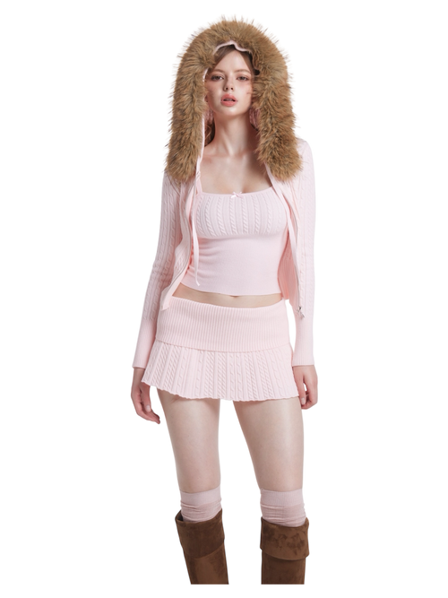 Fur Trim Strawberry Milk Cable Knit Set (Pink)