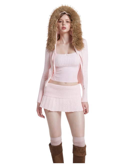 Fur Trim Strawberry Milk Cable Knit Cardigan (Pink) - Angel Ruche