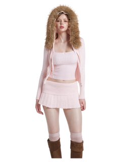 Fur Trim Strawberry Milk Cable Knit Cardigan (Pink) - Angel Ruche