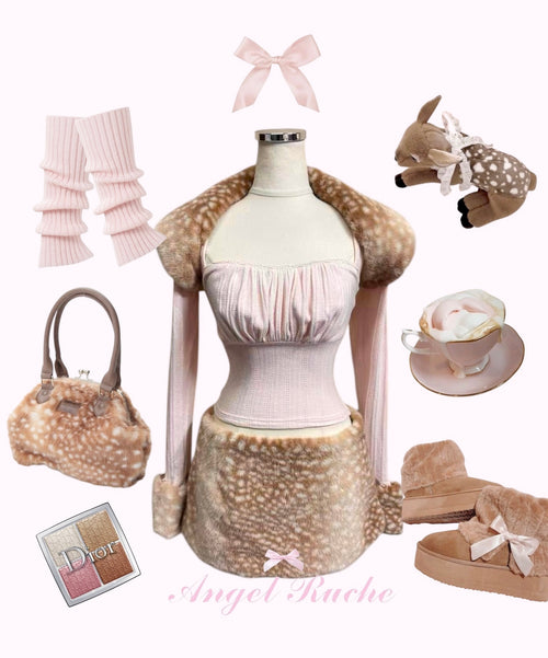 Fashion set with a dress, accessories, and tea set on a white background