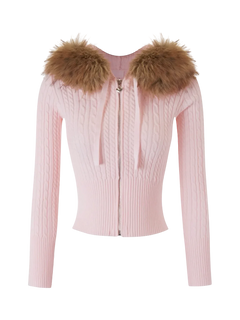 Fur Trim Strawberry Milk Cable Knit Cardigan (Pink) - Angel Ruche
