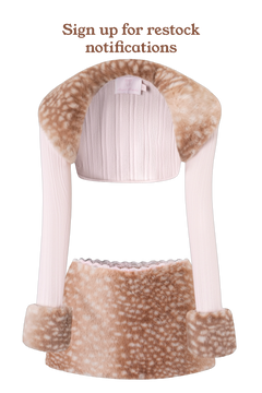 Product with faux fur trim on a white background, encouraging sign-up for restock notifications.