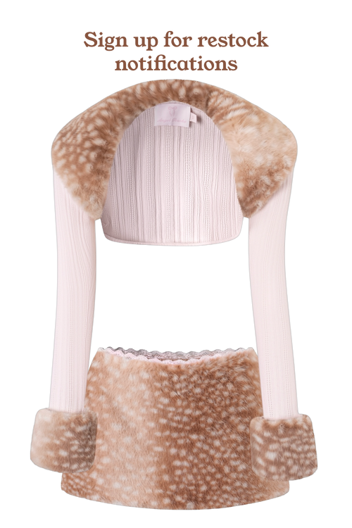 Product with faux fur trim on a white background, encouraging sign-up for restock notifications.