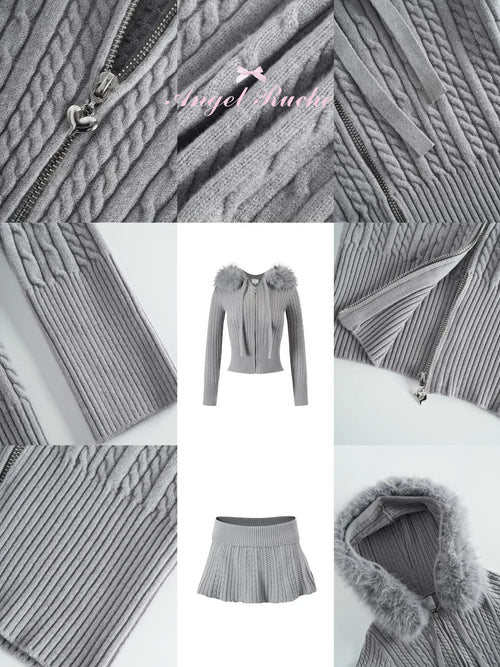 Fur Trim Cozy Cloud Cable Knit Set (Grey) - Angel Ruche
