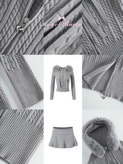 Fur Trim Cozy Cloud Cable Knit Set (Grey)