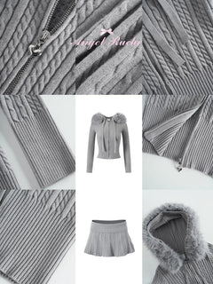 Fur Trim Cozy Cloud Cable Knit Cardigan (Grey) - Angel Ruche