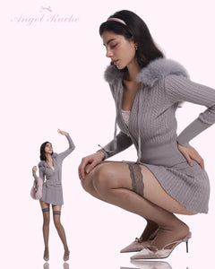 Fur Trim Cozy Cloud Cable Knit Set (Grey)