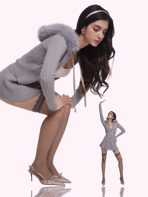 Fur Trim Cozy Cloud Cable Knit Set (Grey)
