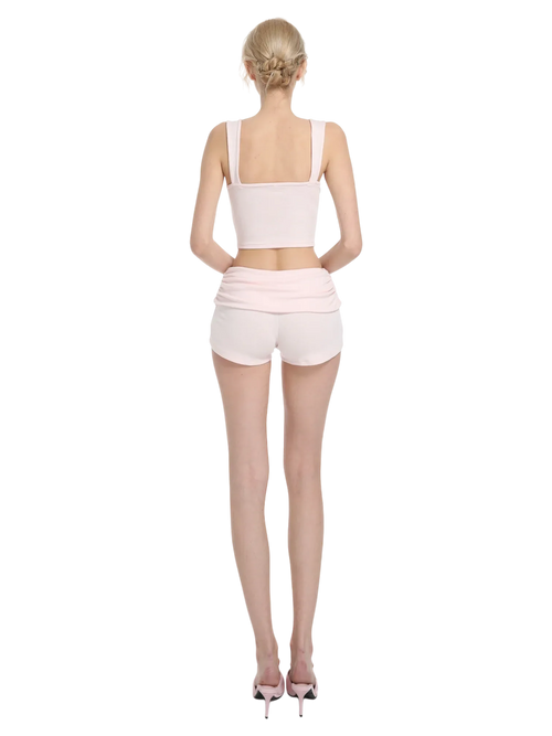 Rose Buds Cotton Fold Over Ruched Shorts (Baby Pink) - Angel Ruche