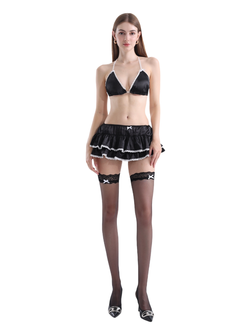 Ribbon Lace Thigh High Socks (Black)