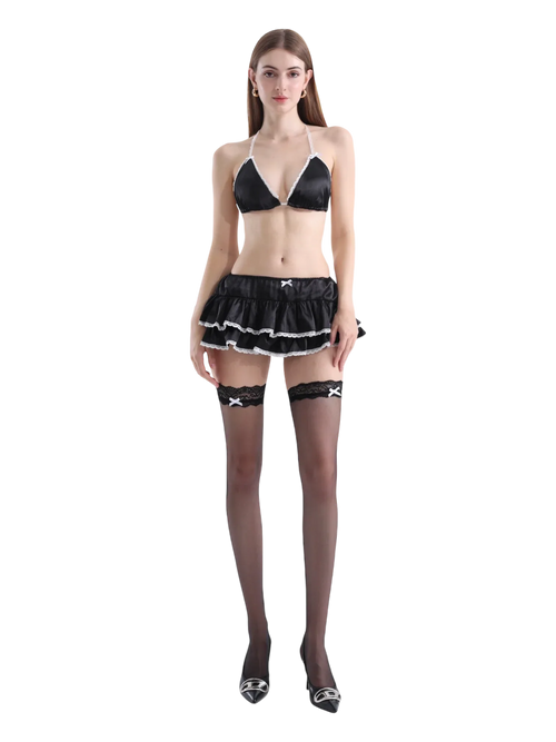 Ribbon Lace Thigh High Socks (Black) - Angel Ruche