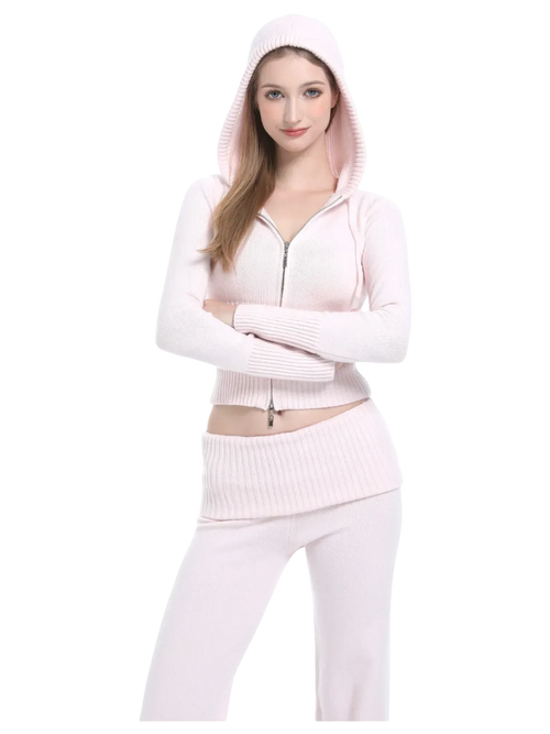 That Girl Rib Knit Fold Over Straight Leg Pants (Baby Pink) - Angel Ruche
