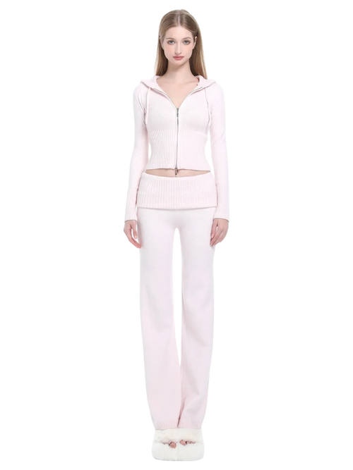 That Girl Rib Knit Fold Over Straight Leg Pants (Baby Pink) - Angel Ruche