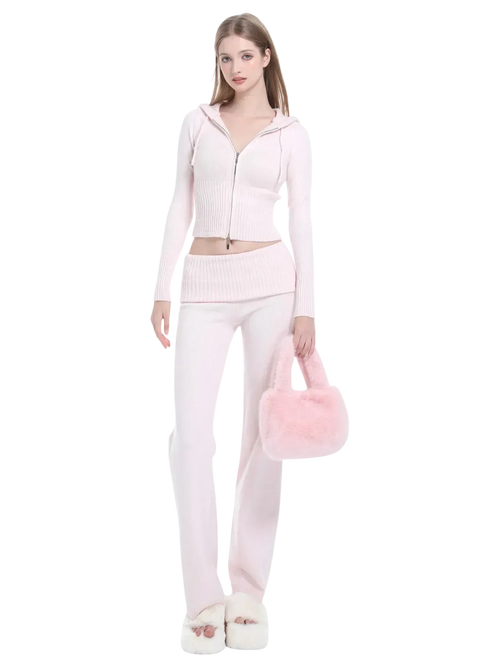 That Girl Rib Knit Fold Over Straight Leg Pants (Baby Pink) - Angel Ruche
