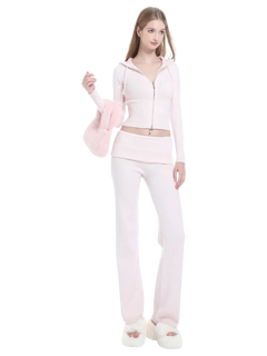 That Girl Rib Knit Fold Over Straight Leg Pants (Baby Pink) - Angel Ruche