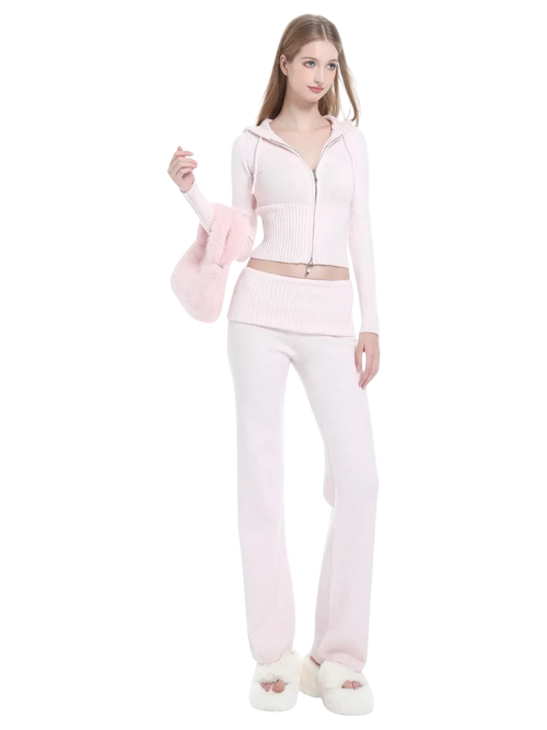 That Girl Rib Knit Fold Over Straight Leg Pants (Baby Pink) - Angel Ruche