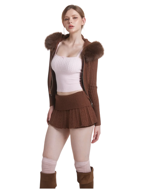 Mocha Cable Knit Fold Over Mid-Rise Skirt (Brown) - Angel Ruche
