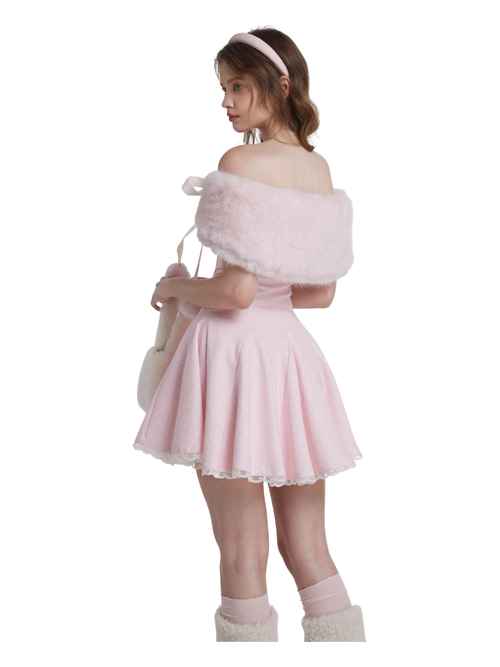 Sugar Pom Fur Pullover Stretchy Shoulder Cape (Pink)