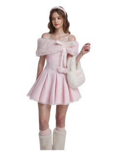 Sugar Pom Fur Pullover Stretchy Shoulder Cape (Pink)