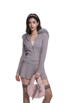 Fur Trim Cozy Cloud Cable Knit Cardigan (Grey)