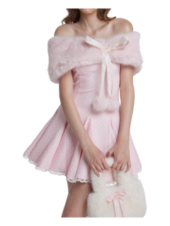 Sugar Pom Fur Pullover Stretchy Shoulder Cape (Pink)