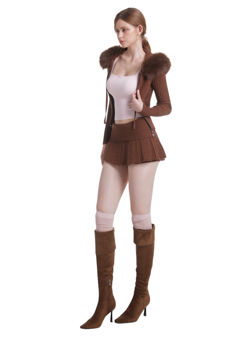 Mocha Cable Knit Fold Over Mid-Rise Skirt (Brown)