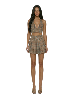Girly Plaid Pleated High Rise Skirt (Khaki)